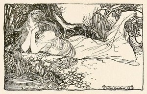 Undine tittar in i vattnet, från "Undine" av Arthur Rackham