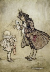 When Her Majesty Wants to Know the Time, från Peter Pan i Kensington Gardens av J.M. Barrie, pub. av Hodder och Stoughton, 1906 (penna och bläck med wc på papper) av Arthur Rackham