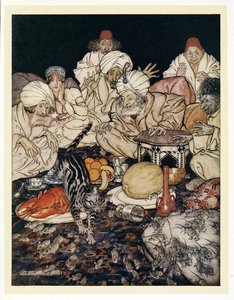 När Puss såg råttorna och mössen väntade hon inte på att få veta det från engelska Fairy Tales, puben. 1922 av Arthur Rackham