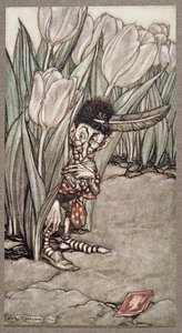 När han hörde Peters röst dök han oroligt bakom en tulpan, från Peter Pan i Kensington Gardens av J M Barrie (1860 - 1937), pub. 1906 av Arthur Rackham