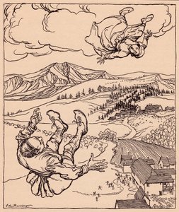 När hennes man såg henne ropade han: Hej! kom till mig här". Illustration av Arthur Rackham från Grimm