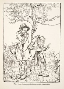 När det var tillräckligt skarpt tittade han runt på främlingar, från Little Brother & Little Sister and Other Tales av bröderna Grimm, pub.1917 (litho) av Arthur Rackham