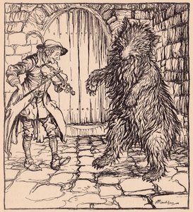 När björnen hörde musiken kunde han inte låta bli att börja dansa. Illustration av Arthur Rackham från Grimm