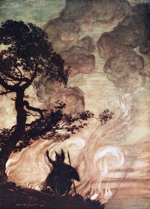 Wotan vänder sig om och ser sorgset tillbaka på Brünnhilde. Illustration för Rhinegold och Valkyr