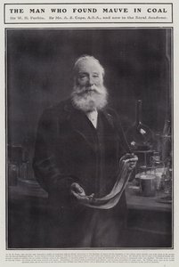 William Henry Perkin, engelsk kemist som upptäckte det första syntetiska organiska färgämnet, mauveine (litho)