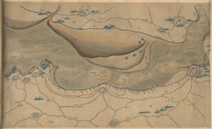 120 000. levereras. Orienterad med norr till botten. Relief visad bildmässigt. Bildkarta. Hummel köp 1930, nr. 34. Visar området längs Qiantangfloden, särskilt delen av Hangzhoubukten i Zhejiangprovinsen. Finns även via biblioteket o