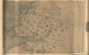 850 000. levereras. Orienterad med norr till botten. Relief visad bildmässigt. Bildkarta. Penna-och-bläck och akvarell. Visar berg, kustlinje, öar och vägar i Zhejiang-provinsen. Hummel köp 1930, nr. 35. Finns även via biblioteket