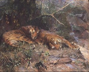Tigrar vilar vid en bäck av Arthur Wardle