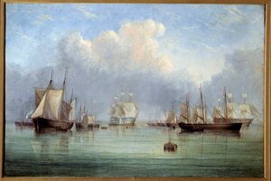 Marinfartyg och segelbåtar förtöjda. Målning av Arthur Wellington Fowles (1815-1883) 1800-talets Orleans Museum of Fine Arts