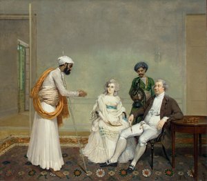 Porträtt av domaren Suetonius Grant Heatly och Temperance Heatly med sina indiska tjänare, i en interiör i Calcutta, ca 1786