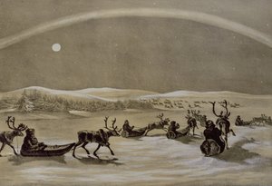 Ett unikt utseende av norrskenet ovanför en lappländsk renhjord som korsar Jerdis Javri, från Winter Sketches in Lapland, graverad av James Duffield Harding (1798-1863) 1825 (gravyr av Arthur de Capell Brooke