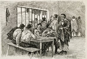 Argentina (1900-talet). "Pulperia", en krog och spritbutik. Illustration av T.Tamarera. Gravyr av Artist Unknown