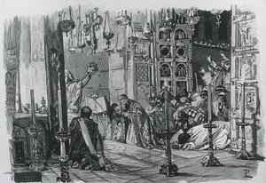 CHARLEMAGNE eller CHARLES I (742-814). Kung av frankerna och langobarderna (768-814) och tysk-romersk kejsare (800-814). Kröning av Karl den store till tysk-romersk kejsare (800). Gravyr. av Artist Unknown