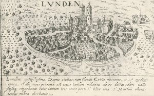 Staden Lund, som tillhörde Danmark på medeltiden, gravyr av Artist Unknown