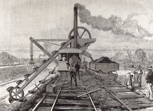 Byggandet av Panamakanalen. Muddringsarbeten i byn Culebra. Originalritning av Meltor Prior. Bilden publicerad i "The Illustrated London News". Gravyr. av Artist Unknown