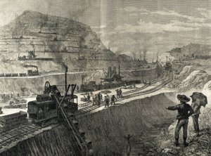 Byggandet av Panamakanalen. Muddringsarbeten i byn Culebra. Originalritning av Meltor Prior. Bilden publicerad i "The Illustrated London News". Gravyr. av Artist Unknown