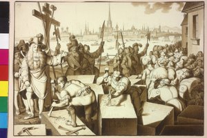 Kejsar Leopold I bannlyser juden och låter bygga gudshus i Leopoldstadt av Artist Unknown