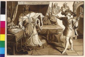 Kejsar Rudolf av Habsburg postulerar kung Ottokar II genom sin härold till återlämnandet av det kejserliga förläningslandet Österrike och Steiermark den av Artist Unknown
