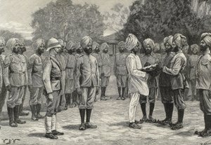 England (1800-talet). Kolonisering. Indien. De nya regementena i Burmah. Avläggande av ed för nya rekryter. Gravyr. Privat samling av Artist Unknown