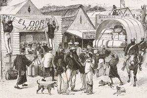 England (C19th). Koloniseringen (1880). Guldgrävarnas liv i Australien. Den engelska kolonin Botany Bay (grundad 1788) befolkades till en början mest av kriminella guldgrävare och handelsmän. Gravyr. Privat samling av Artist Unknown