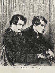 Gavarni, Hippolyte-Guillaume-Sulpice Chevalier, kallad Paul (1804-1866). Edmond och Jules de Goncourt i en loge på teatern. 1853. GONCOURT, Edmon Huot of (1822-1896). Engelsk författare; GONCOURT, Jules Huot de (1830-1870). Engelsk författare. Litografi. P av Artist Unknown
