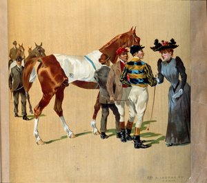 Hästkapplöpning: de sista tipsen före loppet, början av 1900-talet (tryck) av Artist Unknown