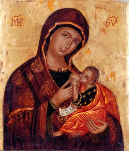 Ikon: "Jungfrun med barnet" Anonym trämålning. Kyrkan Santa Maria delle Grazie al Trionfale, Rom av Artist Unknown