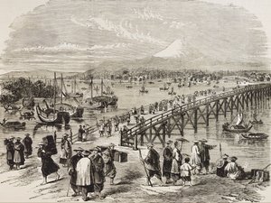 JAPAN (C19th).Staden Edo, korsad av floden Toniak. Gravyr. Privat samling av Artist Unknown