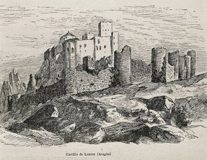 Loarre. Romanskt slott. Gravyr. SPANIEN. ARAGON. Zaragoza. Allmänna militärakademin av Artist Unknown