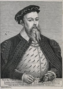 Maurice av Sachsen (1521-1553). Hertig (1541-47) och senare kurfurste (1547-53) av Sachsen. Protestant från 1539. Porträtt efter en målning av Lucas Cranach. Gravyr av Artist Unknown