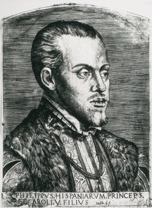 PHILIP II av Spanien (1527-1598). Kung av Spanien (1556-1598) och Portugal (1580-1598). Porträtt av Filip fortfarande som prins. Xylografi. av Artist Unknown