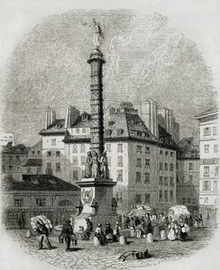 Paris, Paris. Vattenförsäljare framför fontänen på Place Chatelet (gravyr) av Artist Unknown