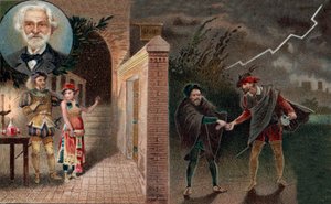 Rigoletto anlitar Sparafucile för att mörda hertigen - Akt 3 scen 4 ur operan Rigoletto av Giuseppe Verdi av Artist Unknown
