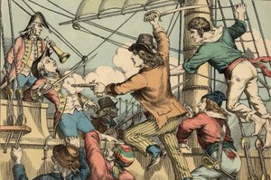 Robert Surcouf Fransk sjöman och korsfarare, här vid ombordstigning på engelska båten "Triton" 1796 (gravyr) av Artist Unknown