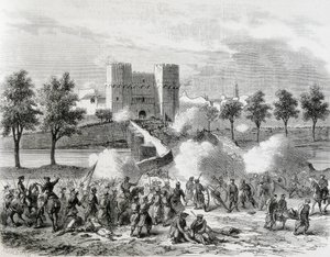 Spanien (1868). Den ärorika revolutionen. Anfall av regeringstrupperna i Serransporten i Valencia. Gravyr från "The Illustration. Jorinal Universal". Etsning av Artist Unknown