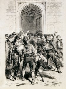 Spanien (1873). Utropandet av den första republiken och stormningen av Barcelonas rådhus (11 februari 1873). Etsning. av Artist Unknown