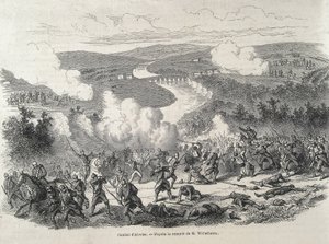 Spanien. Revolutionen 1868. Slaget vid Alcolea (20 september), som kulminerade i att Isabel II avsattes. Gravyr av Artist Unknown
