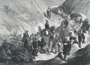 Spanien. Tredje carlistkriget. Carlistfångar går över bergen i Emporda (Katalonien). Gravyr. av Artist Unknown