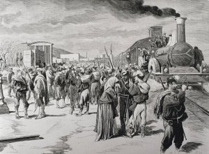Spanien. Tredje carlistkriget. Avmarsch av en frikårsbataljon mot carlisterna från Barcelona. Bild ur "La Ilustracion espanola y americana" (8 april 1873). Gravyr av Artist Unknown