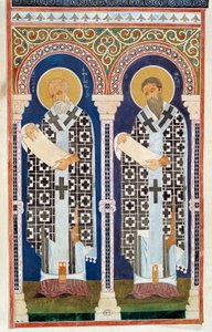 S:t Gregorius av Nyssa och S:t Basilius, den grekisk-ortodoxa kyrkans fäder, gravyr, 400-talet av Artist Unknown