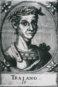 TRAJAN, Marcus Ulpius Traianus (53-117). Porträtt av Trajanus med lagerkransar. Detalj av originalgravyren. Gravyr. av Artist Unknown