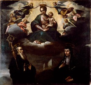Jungfrun har barnet med Sankt Benedictus av Nursie och hennes syster Sainte Scolastique (skolastiker), grundare av benediktinerorden Anonym målning. Klostret Monte Cassino, Italien av Artist Unknown