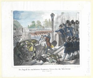 Attacken av k. k. Infanteriregementet Nassau vid Taborbron (Taborbruecke) den 6 oktober 1848 av Artist Unknown