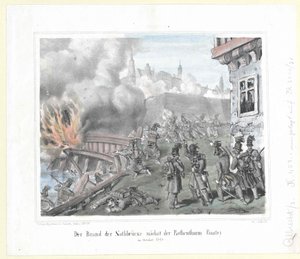 Branden i Nothbruecke nära Rothenthurm-bastionen i oktober 1848 av Artist Unknown