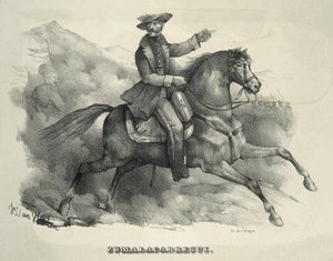 ZUMALACARREGUI, Tomas (1788-1835). Carlistgeneral. Spanien. Första carlistkriget. Zumalacarregui rider på en häst. Gravyr. av Artist Unknown