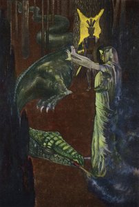 Jason tittar på Medea söva draken som vaktar det gyllene skinnet (färg litho)