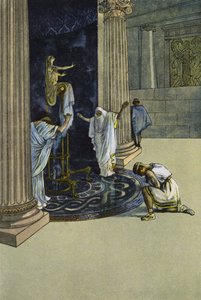 Orestes beordras av Apollo att åka till Tauris och föra statyn av Artemis till Aten (färg litho) av Artus Scheiner