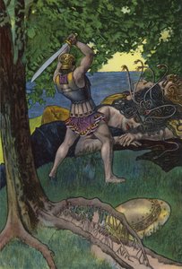Perseus skär av huvudet på Medusa (färg litho)