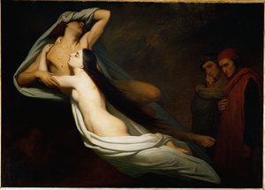Skuggorna av Francesca da Rimini och Paolo Malatesta framträder för Dante och Vergilius ... av Ary Scheffer