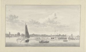 Stor flotte och olika fartyg på Merwede vid huset de Merwe nära Dordrecht av Ary van Wanum